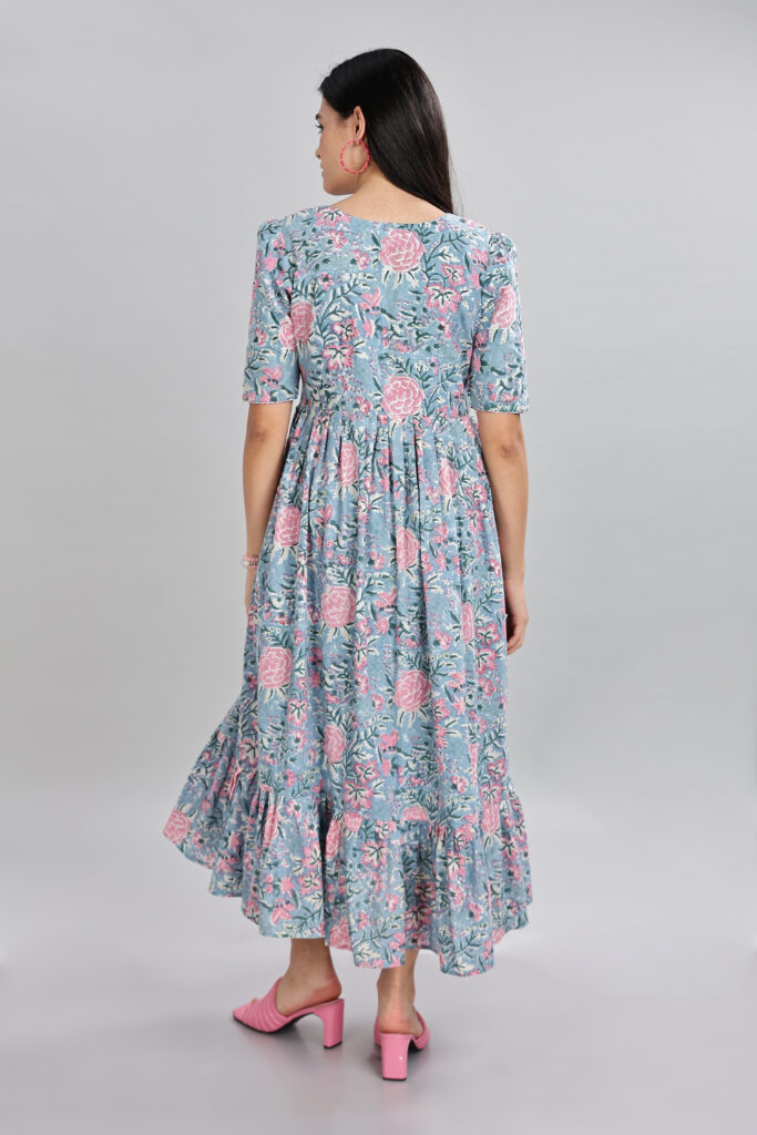 Blue floral elegance cotton maxi dress back view ready stock