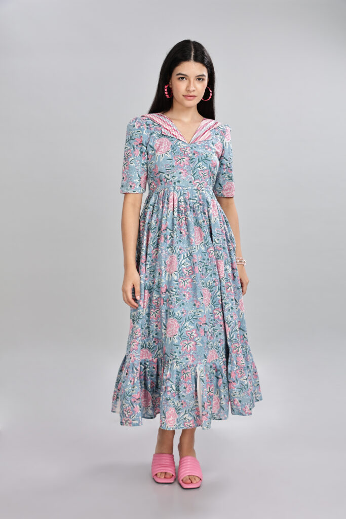 Blue floral elegance cotton maxi dress comfortable everyday wear