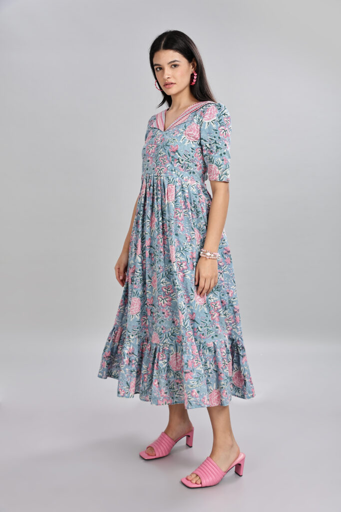 Blue floral elegance cotton maxi dress ready stock immediate dispatch one piece left Varna Design Wear
