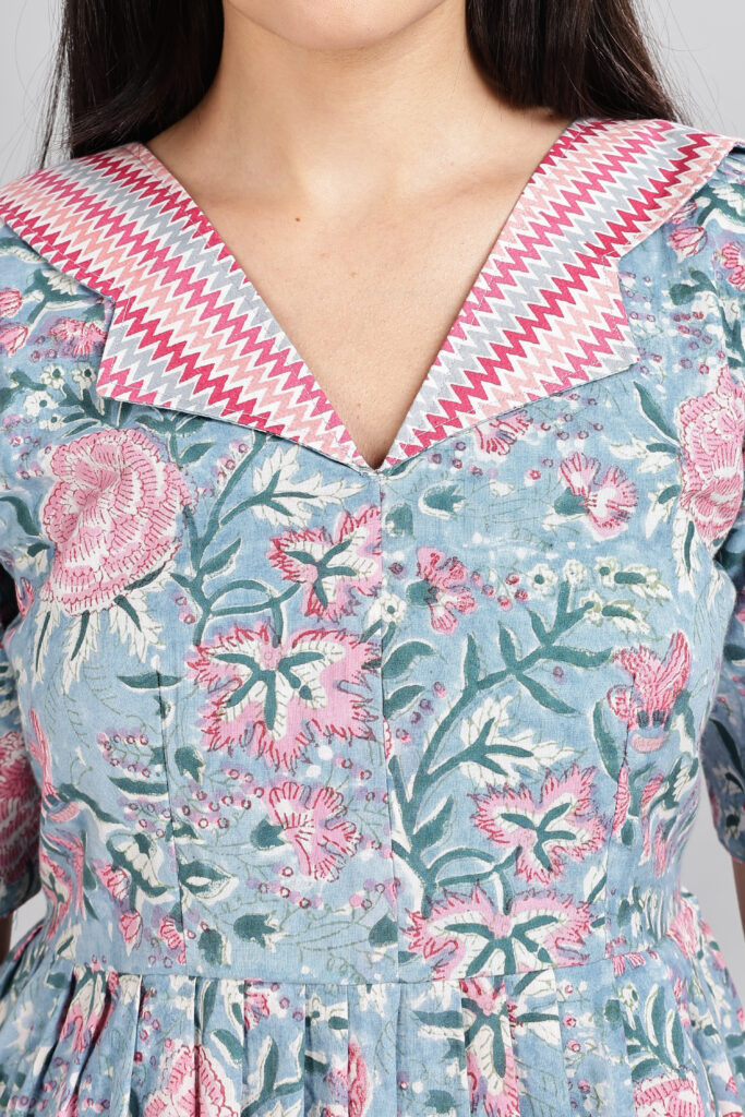 Blue floral cotton maxi dress print design closeup breathable cotton1