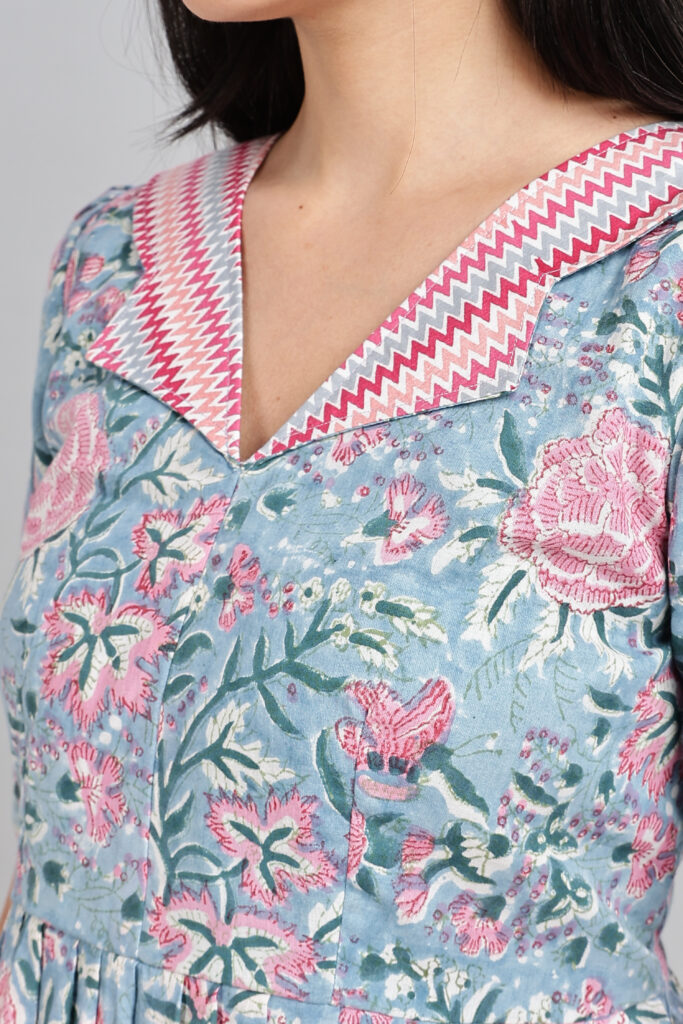 Blue floral cotton maxi dress print design closeup breathable cotton