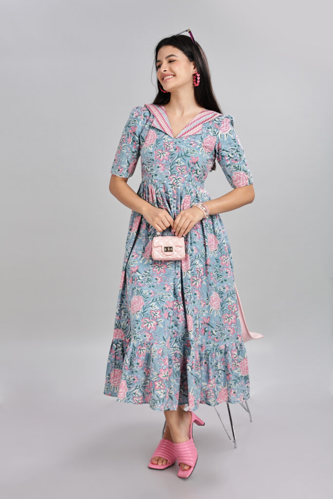 Blue floral elegance cotton maxi dress ready stock pure breathable cotton front view