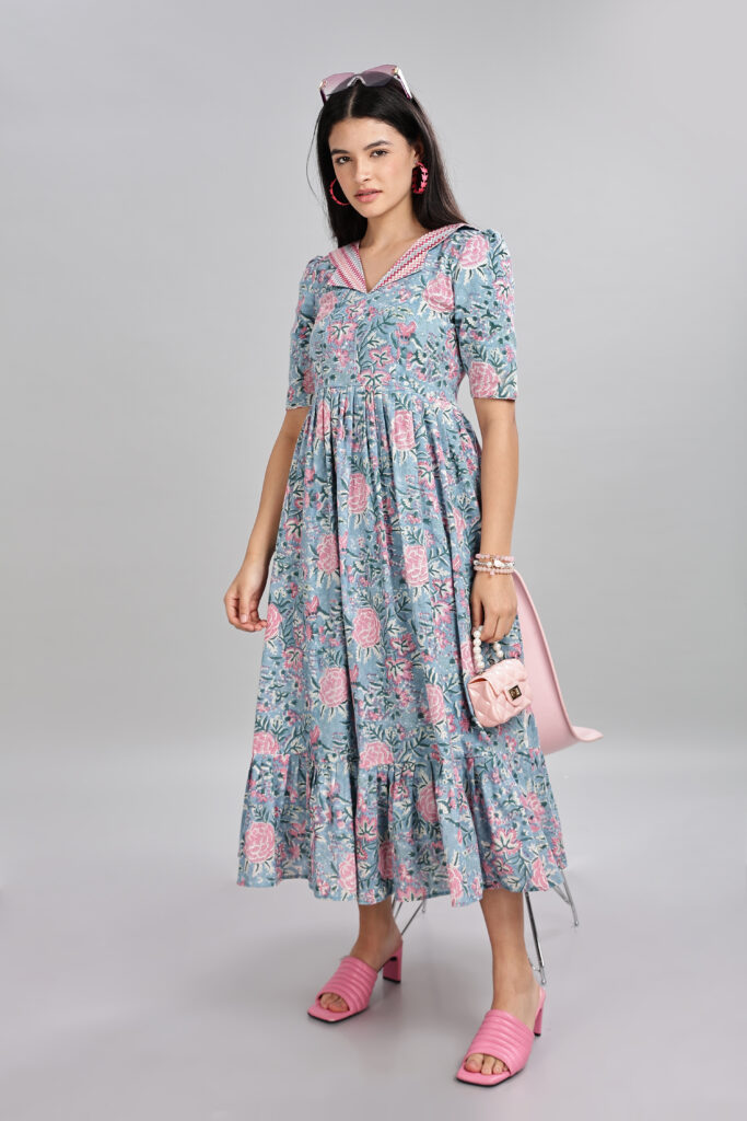 Soft breathable blue floral cotton maxi dress casual wear