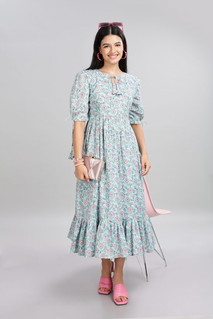 Pastel bloom cotton midi dress ready stock pure breathable cotton front view