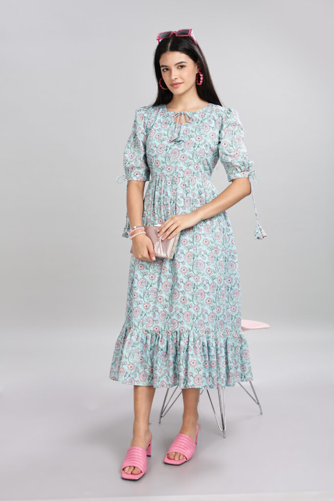 Casual pastel bloom cotton midi dress ready stock India