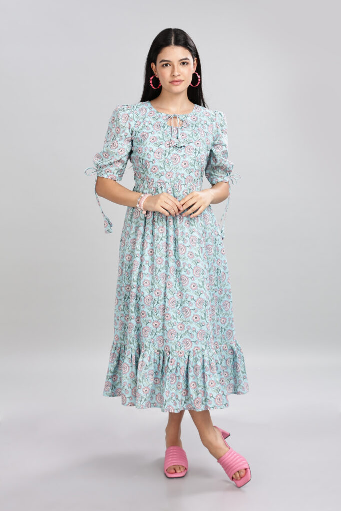 Soft breathable pastel bloom cotton midi dress casual wear