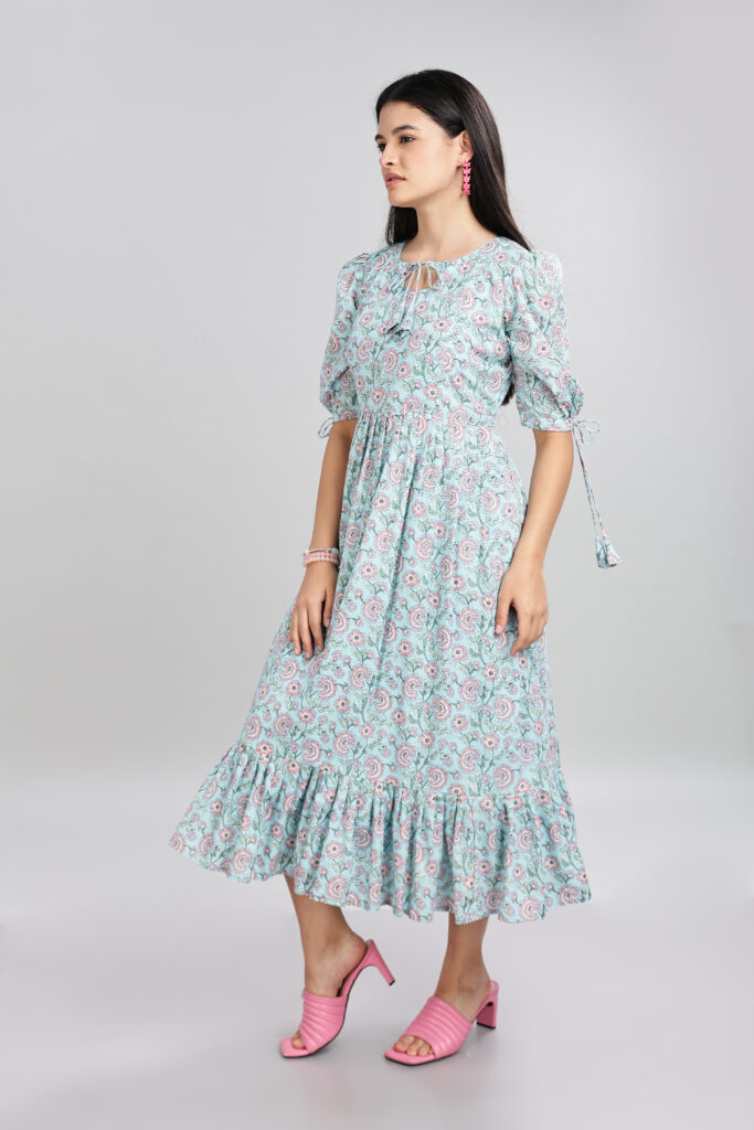 Pastel bloom cotton midi dress back view ready stock