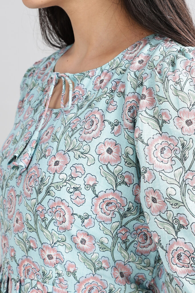 Pastel bloom cotton midi dress fabric print closeup breathable cotton2