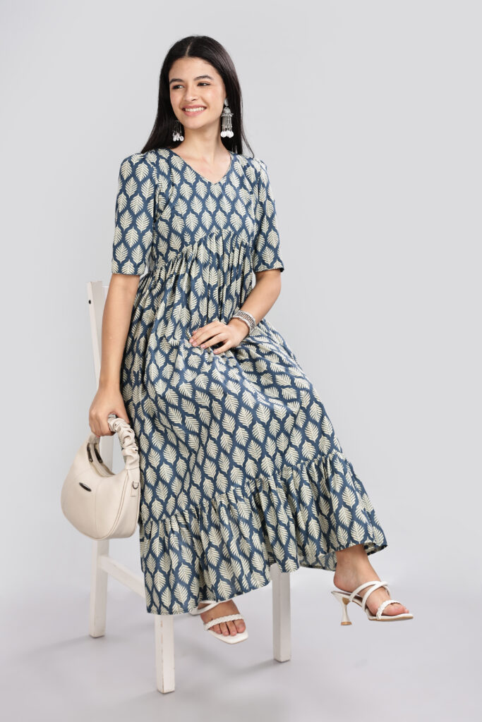 Indigo leaf cotton maxi dress ready stock immediate dispatch one piece left Varna Design Wear