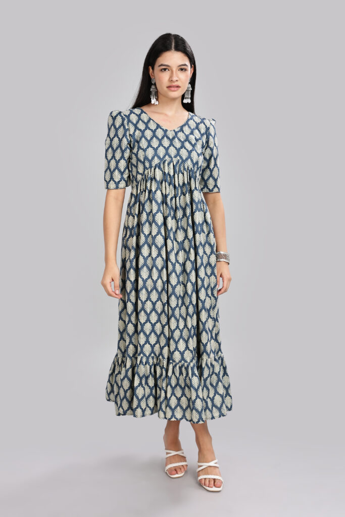 Indigo leaf cotton maxi dress comfortable everyday wear