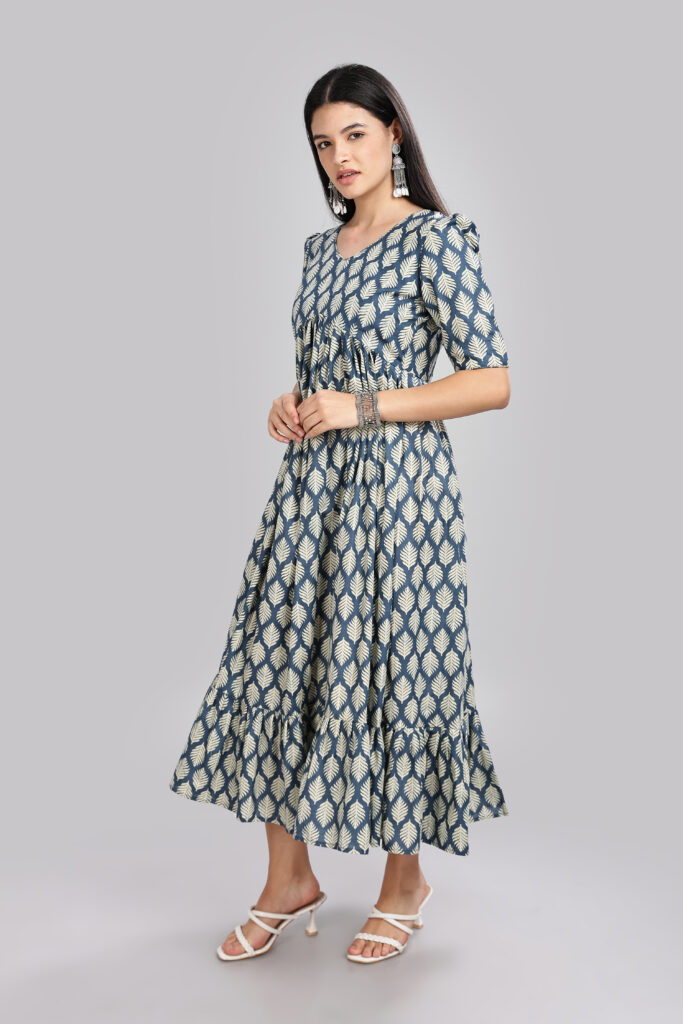 Soft breathable indigo leaf cotton maxi dress casual wear