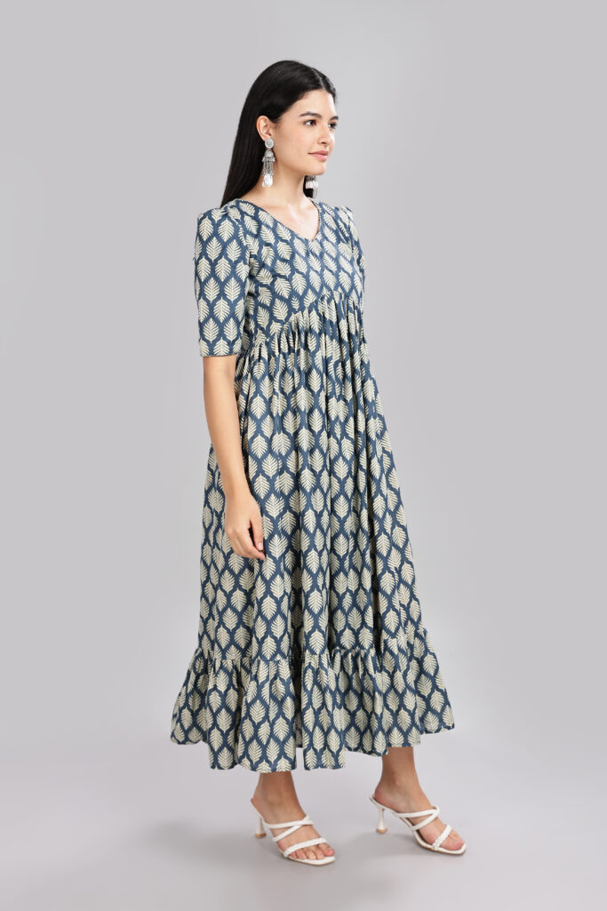 Casual indigo leaf cotton maxi dress ready stock India