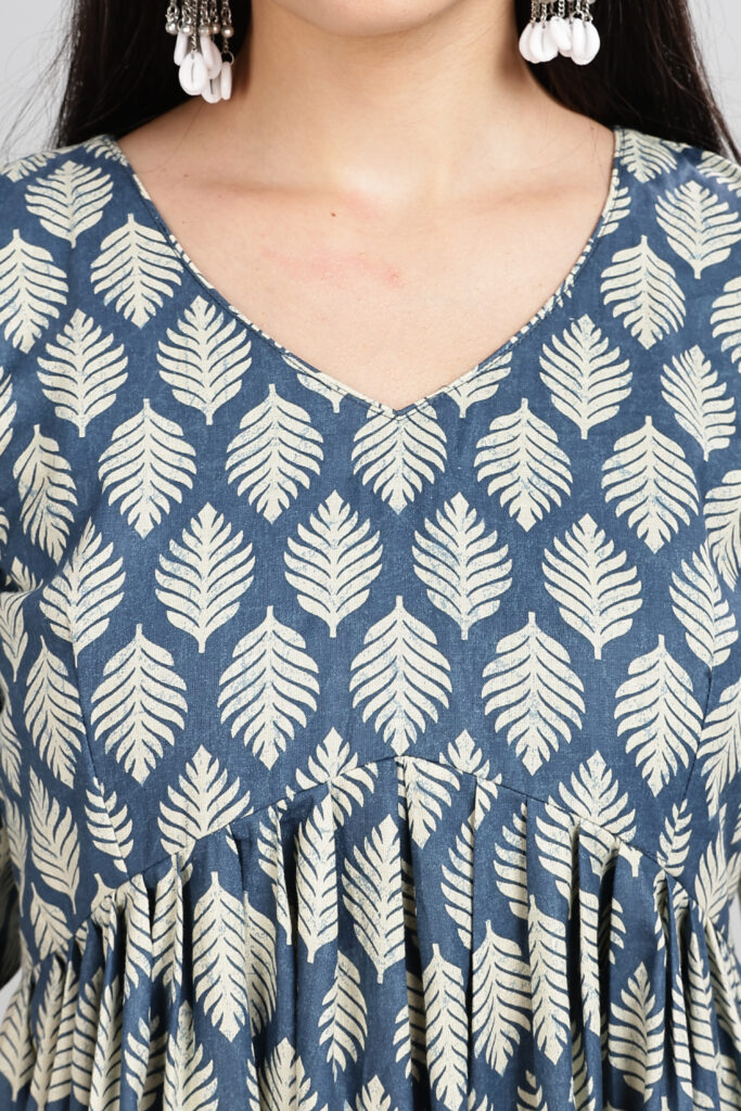 Indigo leaf print cotton maxi dress fabric closeup breathable cotton