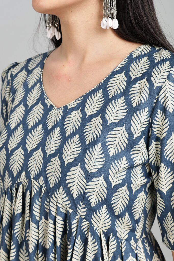 Indigo leaf print cotton maxi dress fabric closeup breathable cotton1
