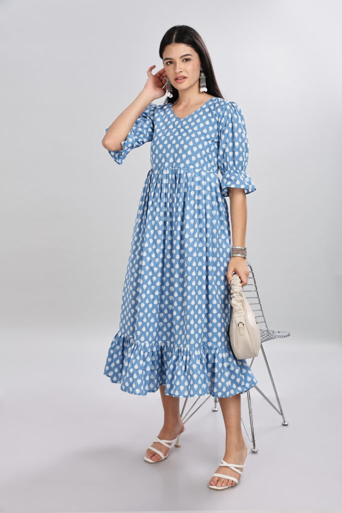 Elegant blue printed cotton midi dress ready stock immediate dispatch one piece left Varna Design Wear
