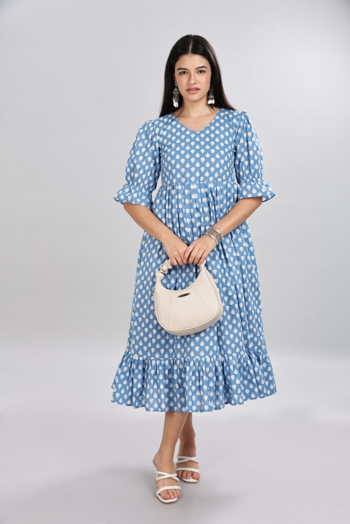 Elegant blue printed cotton midi dress ready stock pure breathable cotton front view