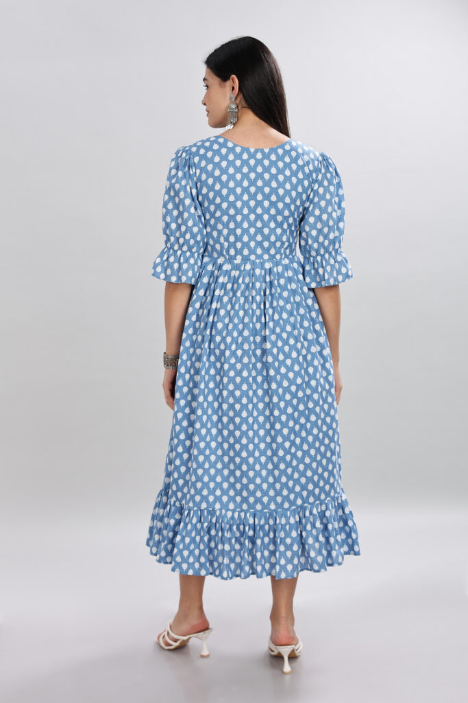Elegant blue printed cotton midi dress back view ready stock