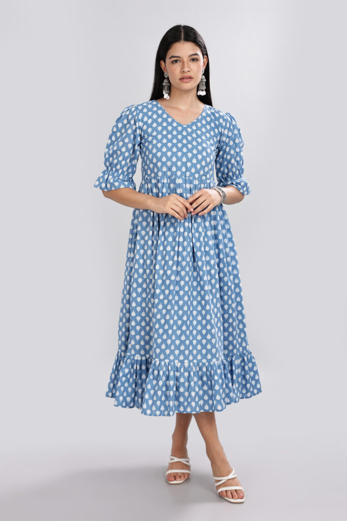 Elegant blue printed cotton midi dress comfortable everyday wear