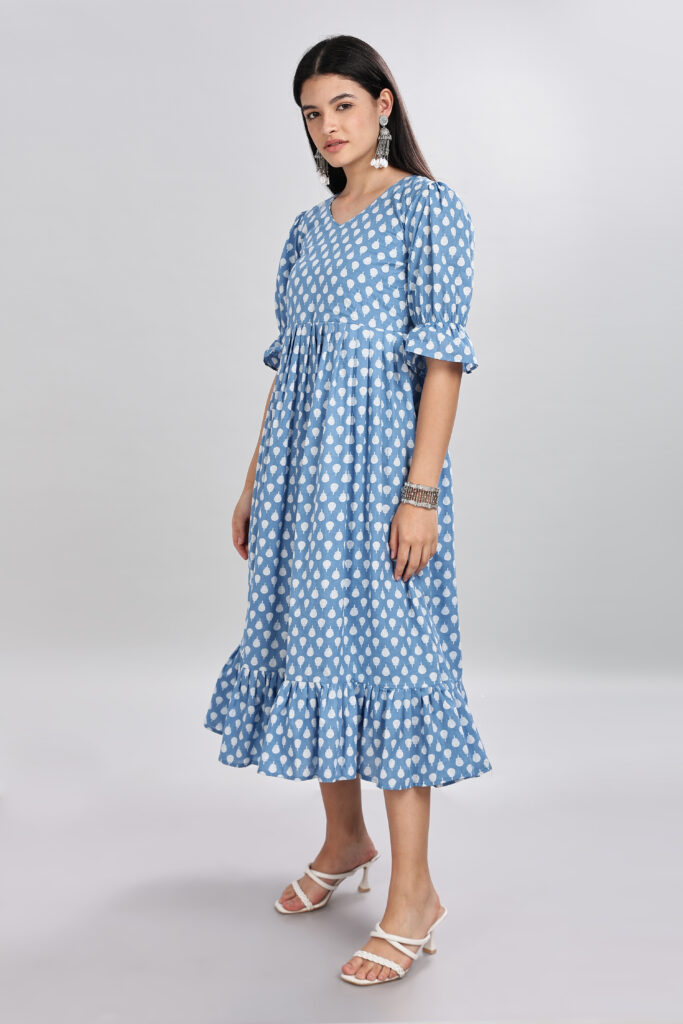Soft breathable elegant blue printed cotton midi dress casual wear