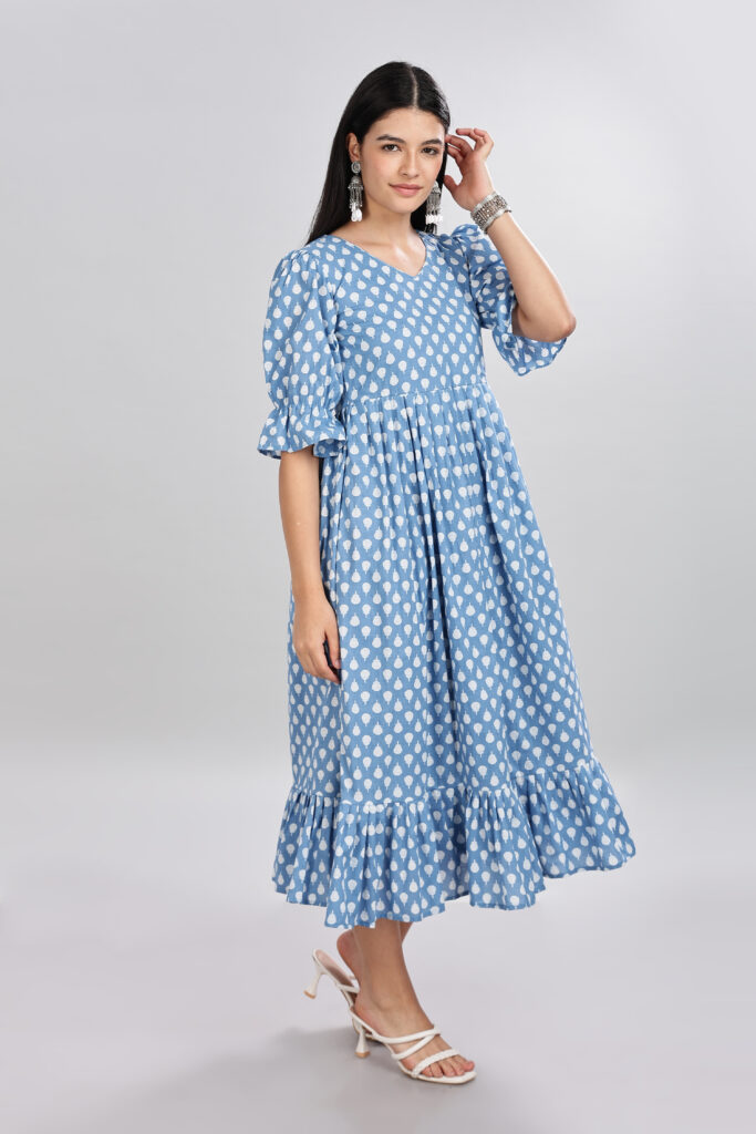 Casual elegant blue printed cotton midi dress ready stock India