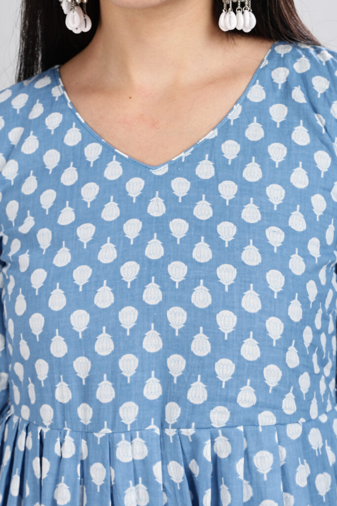 Blue printed cotton midi dress fabric detail closeup breathable cotton1