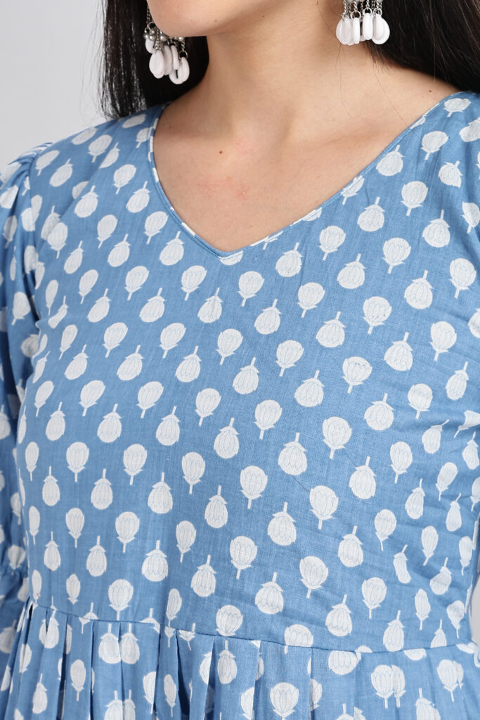Blue printed cotton midi dress fabric detail closeup breathable cotton
