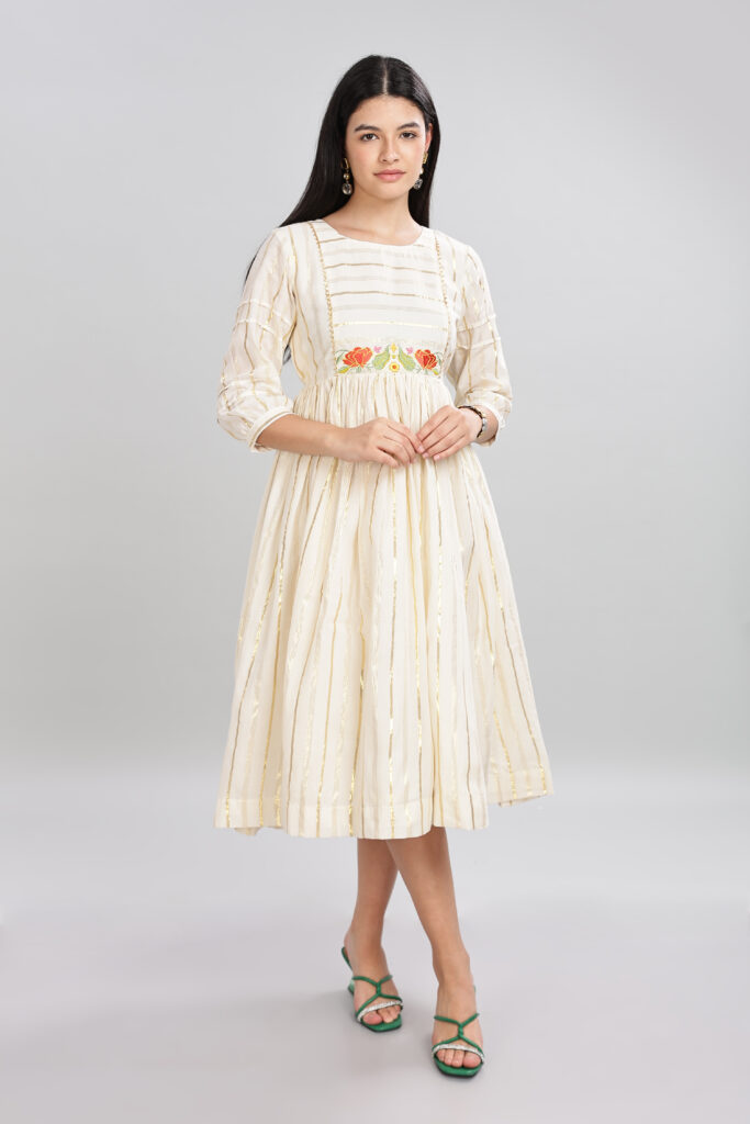 Ivory embroidered midi dress ready made elegant breathable dress front view