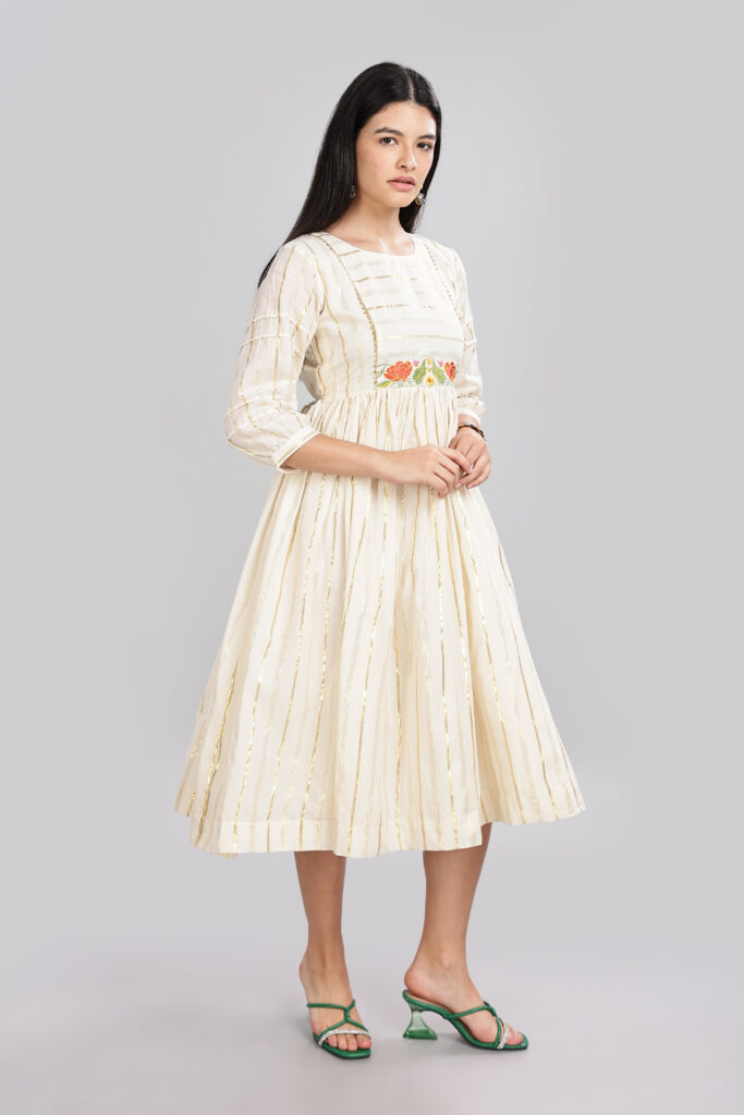 Elegant ivory embroidered midi dress casual and festive wear