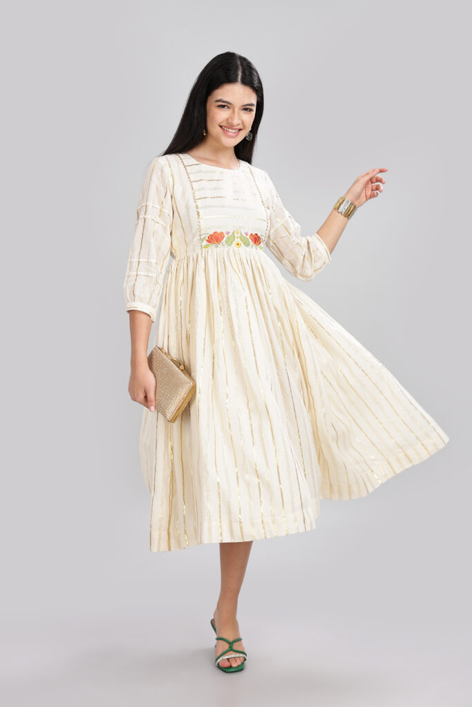 Designer ivory embroidered midi dress customisation option available