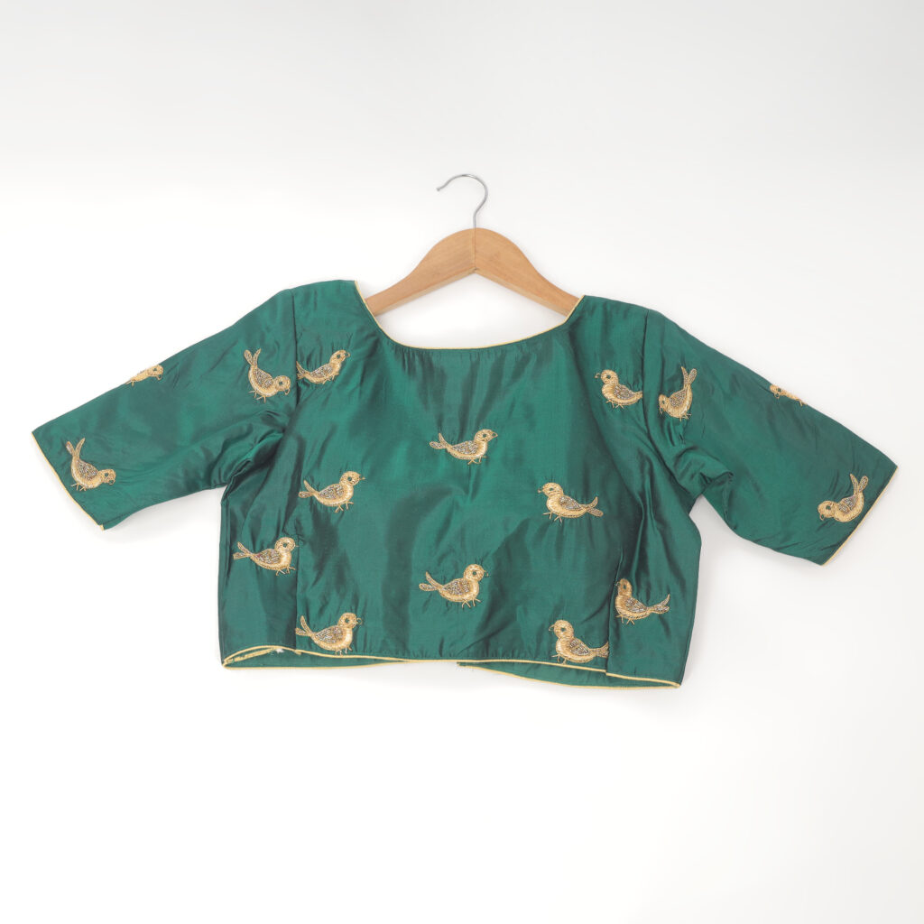 Green silk Aari work handwork blouse ready made front view designer blouse