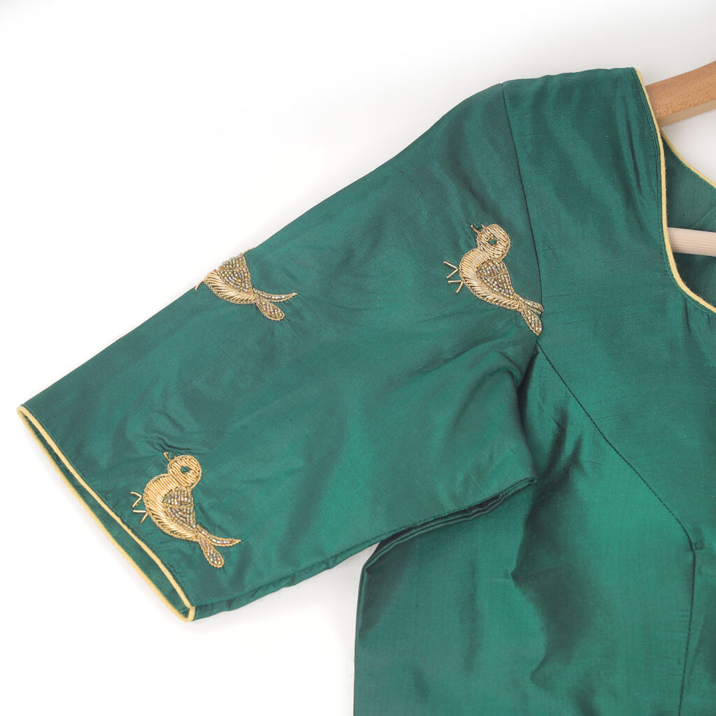 Green silk designer blouse sleeve embroidery ready made