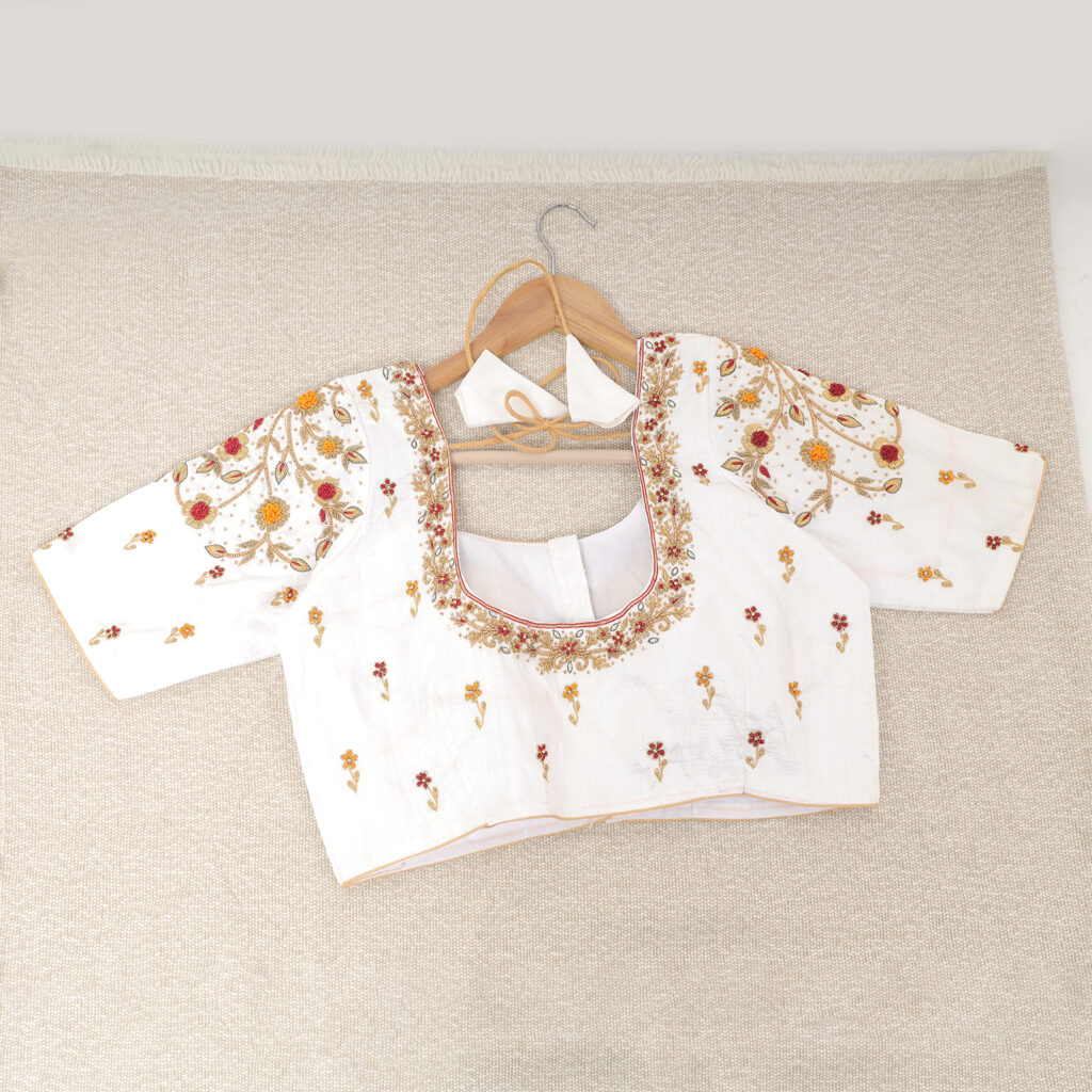 White silk Aari work handwork blouse ready made with customisation option