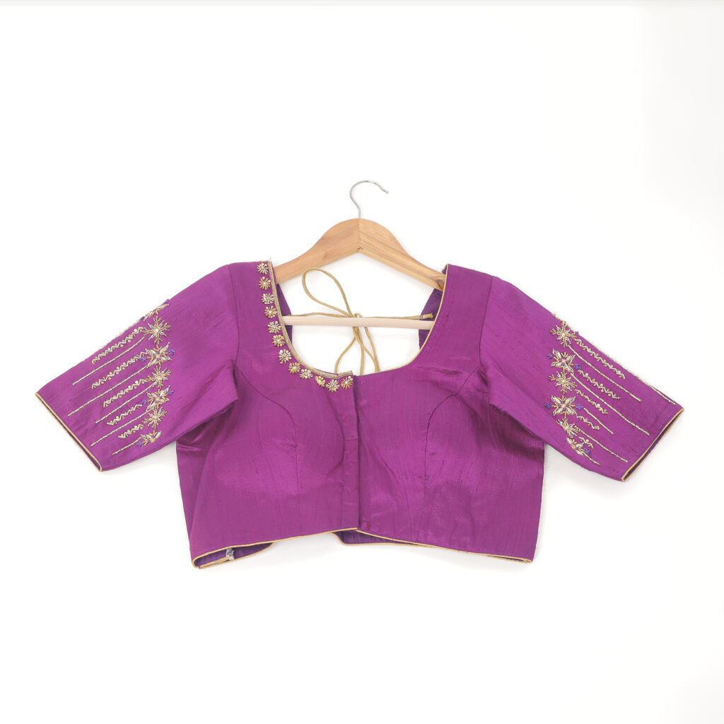 Royal purple silk Aari work handwork blouse ready made front view designer blouse