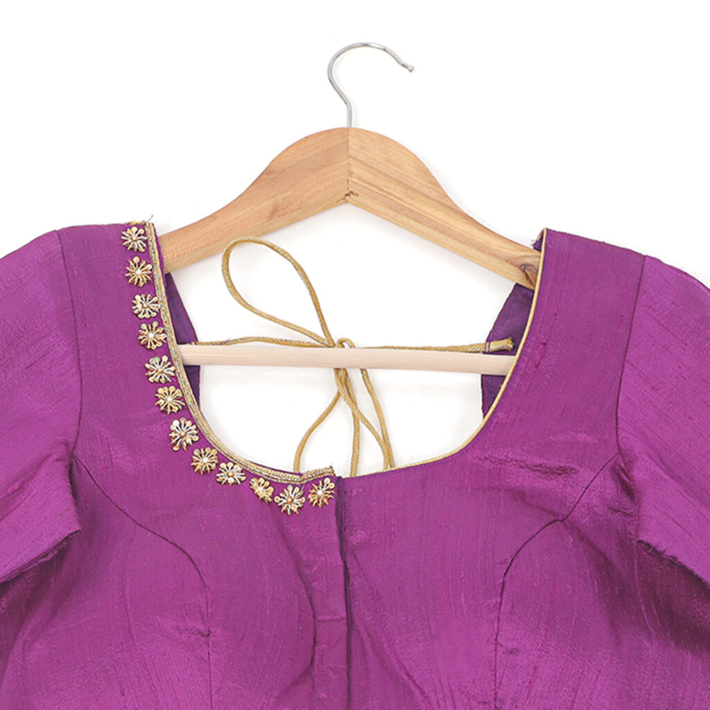 Royal purple silk Aari work handwork blouse embroidery closeup detail