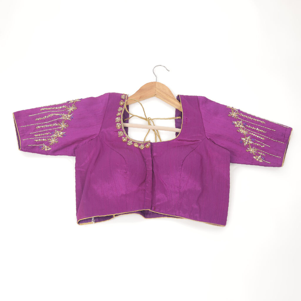 Royal purple silk Aari work handwork blouse back design ready made with tassels