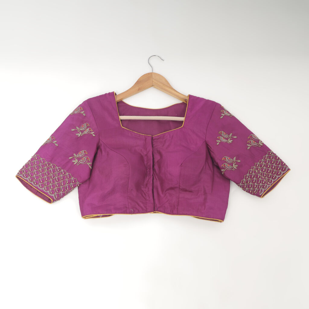 Purple silk Aari work handwork blouse ready made front view designer blouse