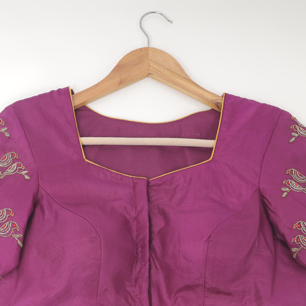 Purple silk designer blouse sleeve Aari embroidery detail
