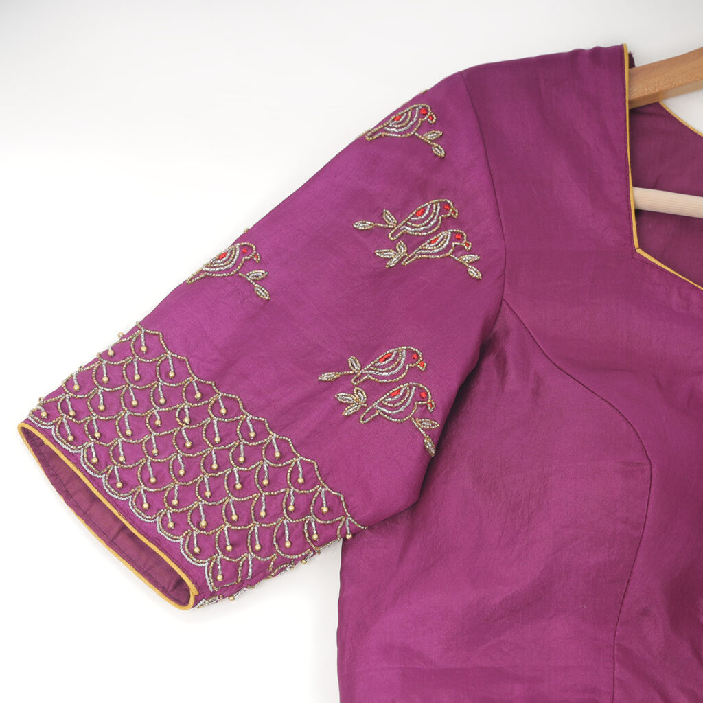 Purple silk Aari work handwork blouse embroidery detailed closeup