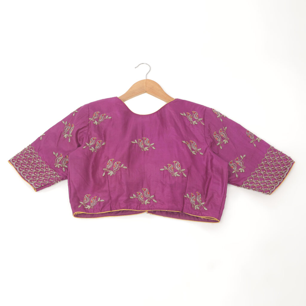Purple silk Aari work handwork blouse back design ready made with tassels