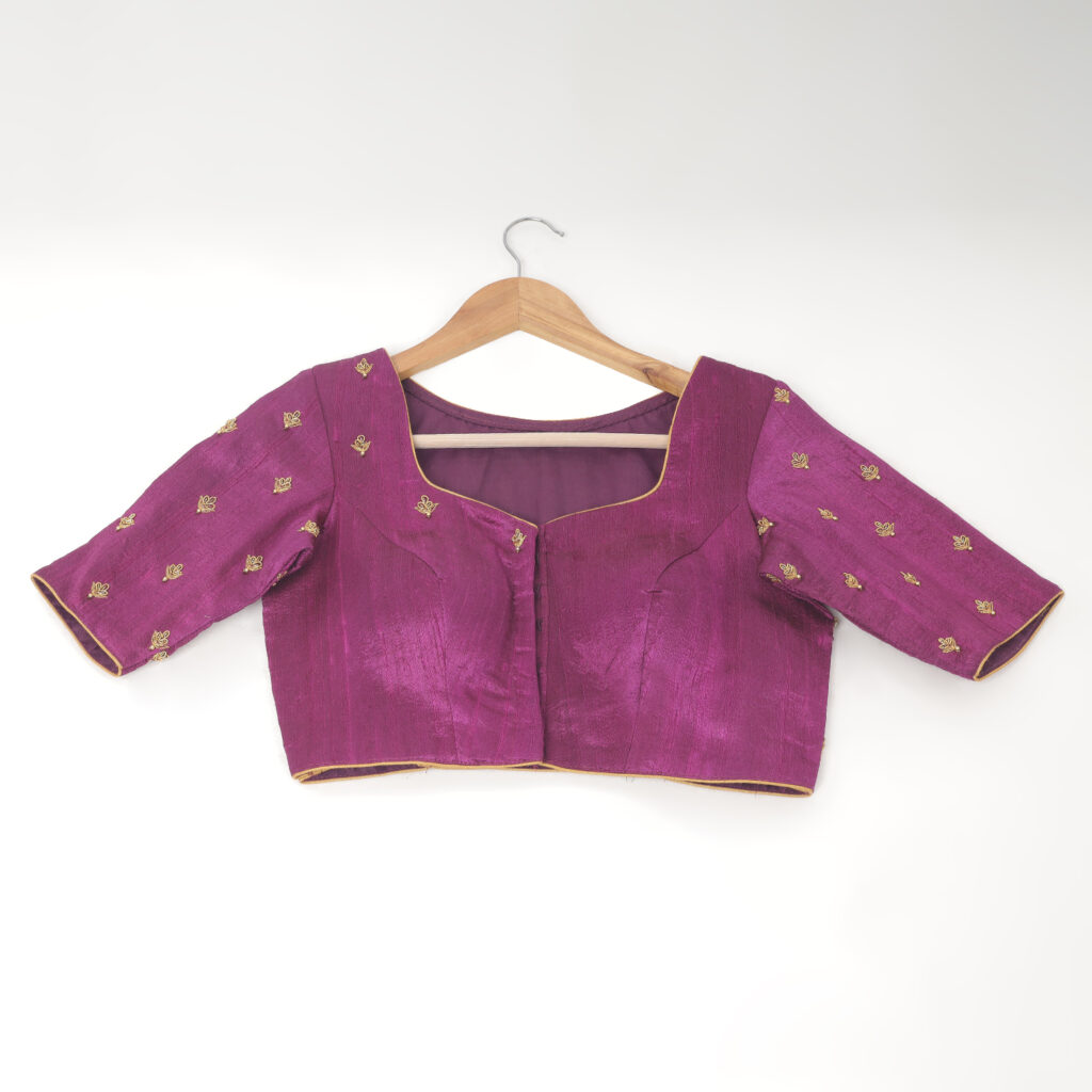 Purple silk Aari work handwork blouse ready made front view designer blouse