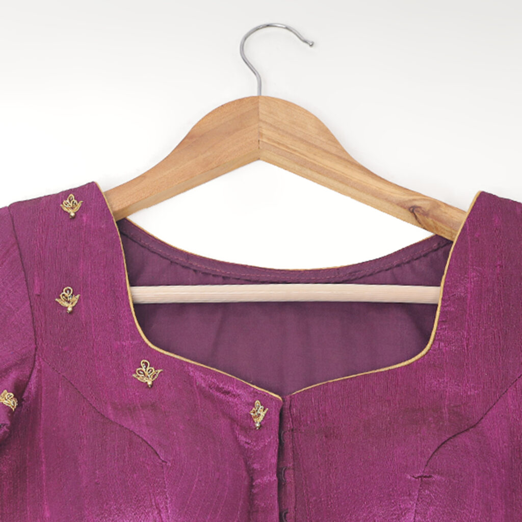 Purple silk Aari work handwork blouse embroidery detailed closeup