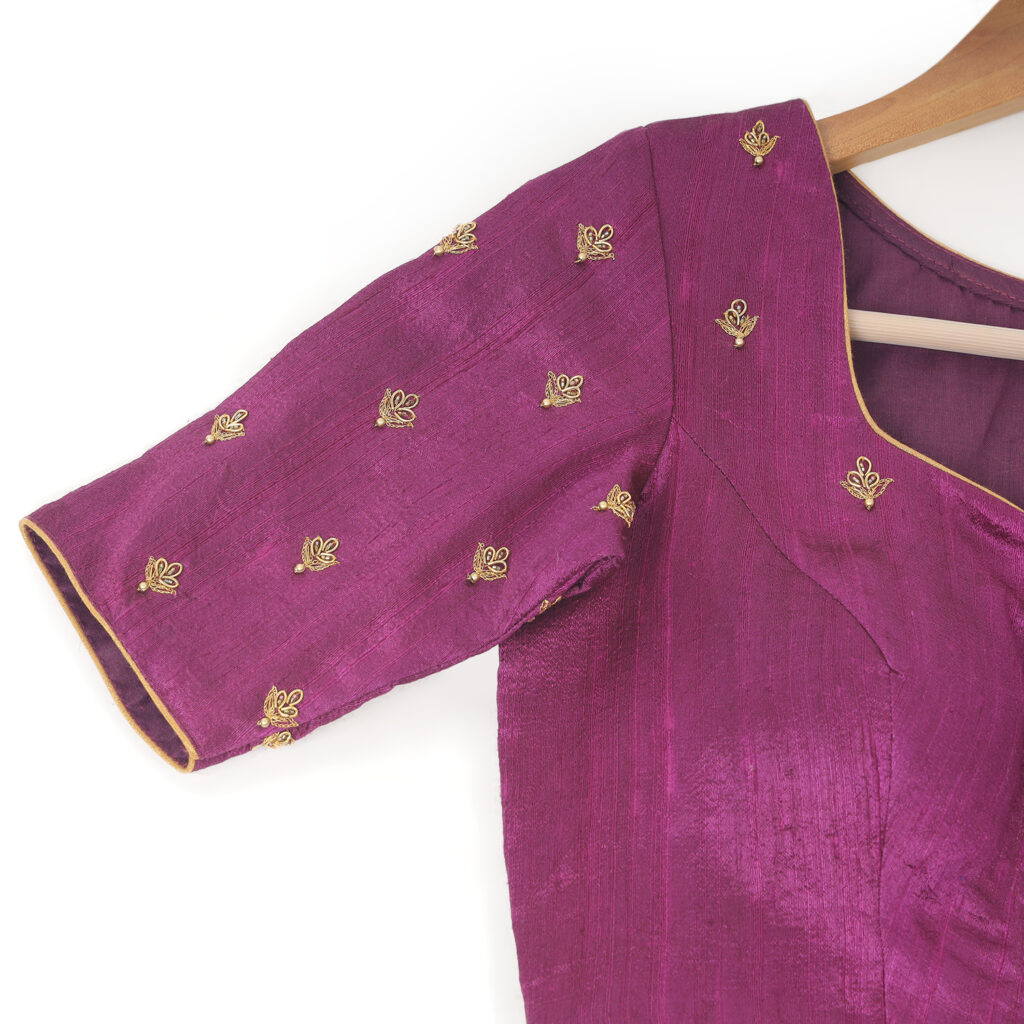 Purple silk designer blouse sleeve Aari embroidery detail