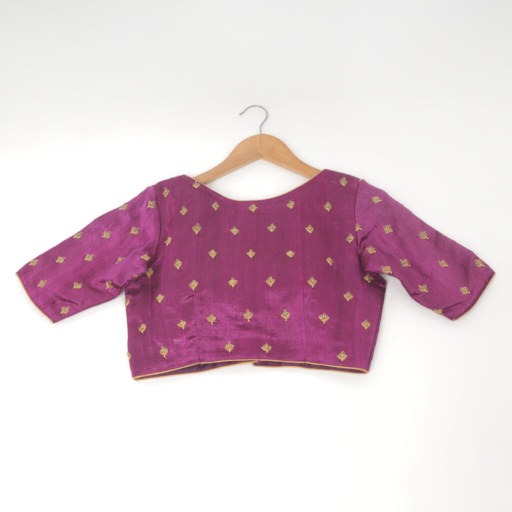 Purple silk Aari work handwork blouse back design ready made