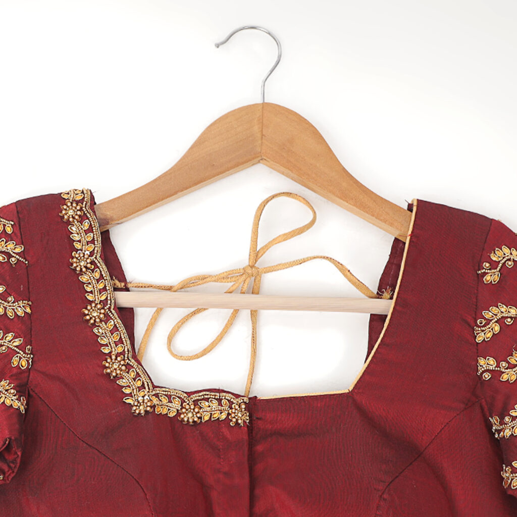 Maroon silk Aari work handwork blouse ready made front view designer blouse
