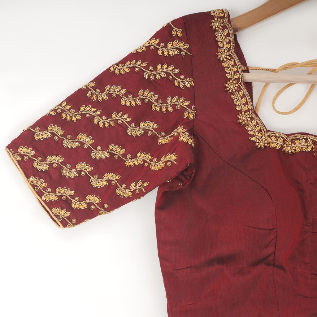 Designer maroon silk blouse sleeve with Aari work hand embroidery