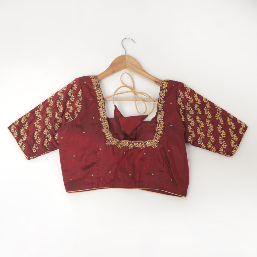 Maroon silk Aari work handwork blouse back design ready made with tassels