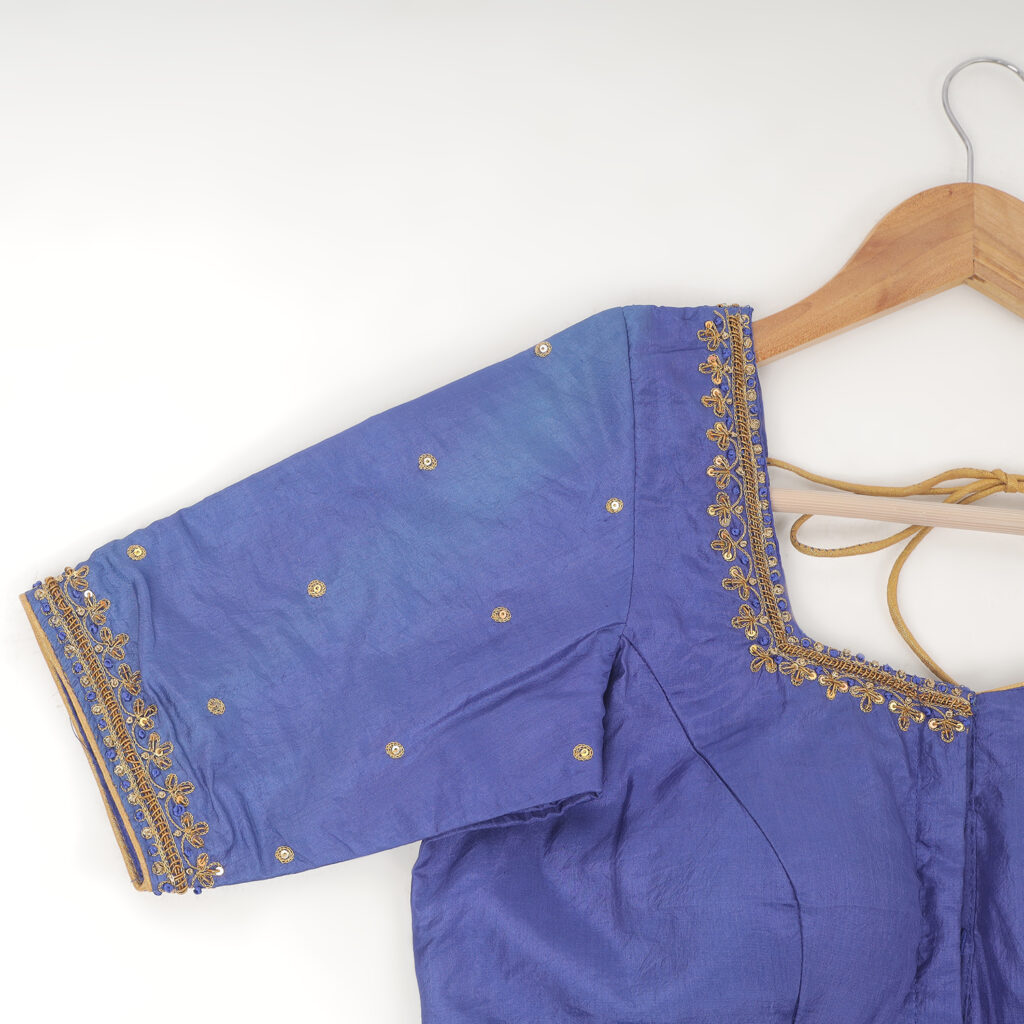 Royal blue silk embroidered blouse ready made front view designer blouse