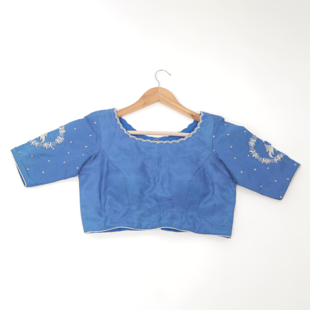 Royal blue designer silk blouse ready made front view