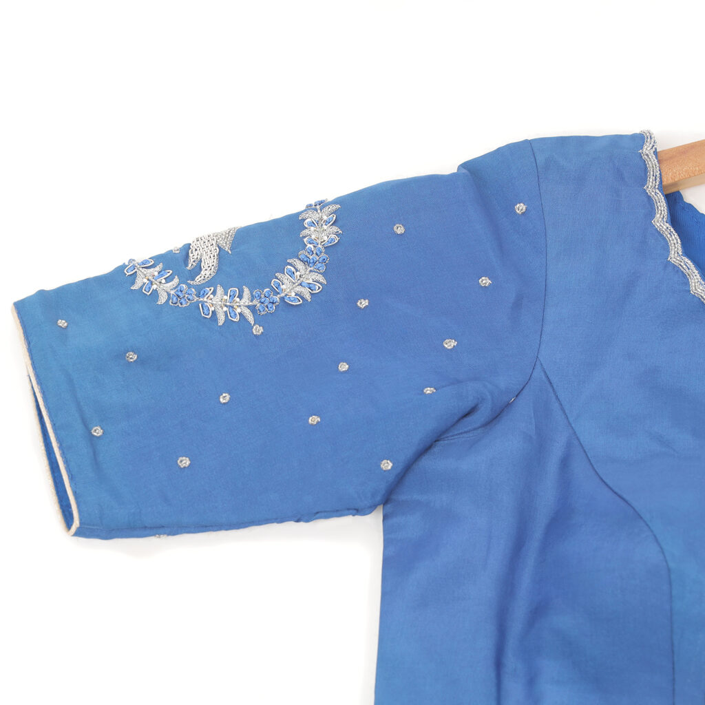 Royal blue designer silk blouse sleeve embroidery