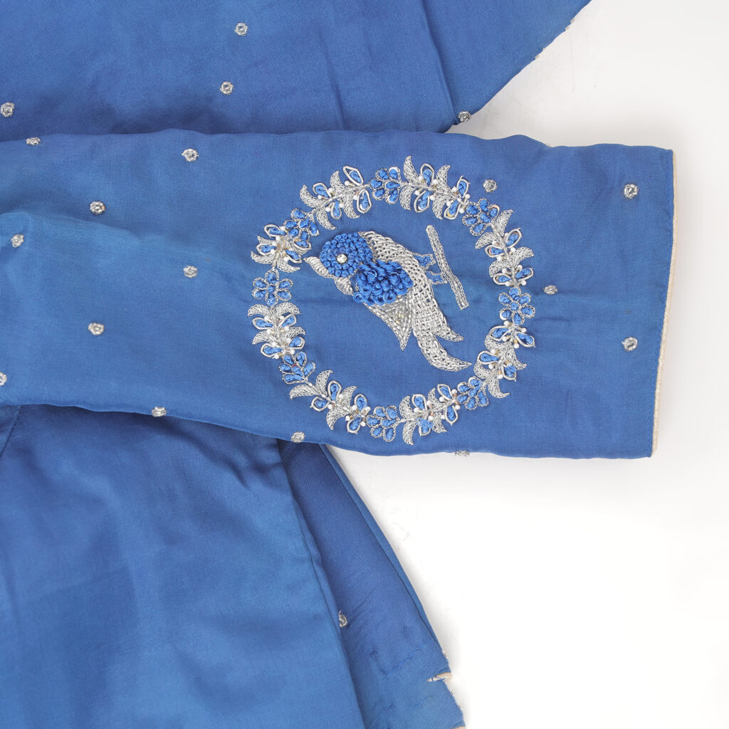 Royal blue silk blouse designer embroidery detail3